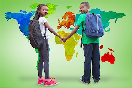 Cute pupils holding hands against green vignette with world map Stock Photo - Budget Royalty-Free & Subscription, Code: 400-07684145