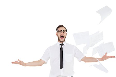 dorky businessman - Nerdy businessman with papers flying on white background Stock Photo - Budget Royalty-Free & Subscription, Code: 400-07685396