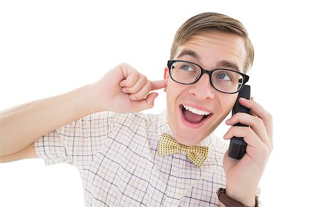 Nerdy hipster talking on retro phone on white background Stock Photo - Budget Royalty-Free & Subscription, Code: 400-07685562