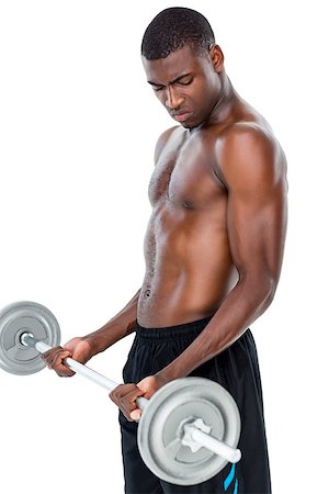 simsearch:400-06208099,k - Determined fit shirtless young man lifting barbell over white background Photographie de stock - Aubaine LD & Abonnement, Code: 400-07688014