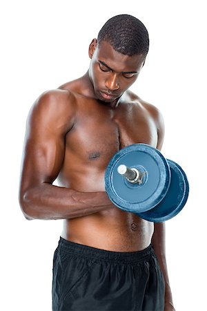 simsearch:400-06208099,k - Determined fit shirtless young man lifting dumbbell over white background Photographie de stock - Aubaine LD & Abonnement, Code: 400-07688027