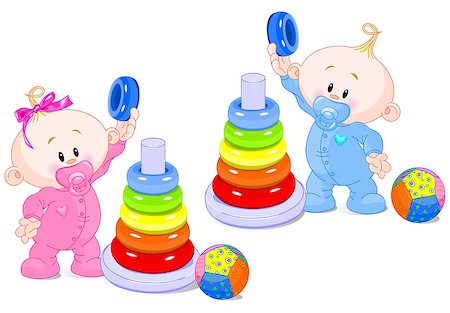 The toddler boy and girl play developing color pyramid. Stock Photo - Budget Royalty-Free & Subscription, Code: 400-07680141