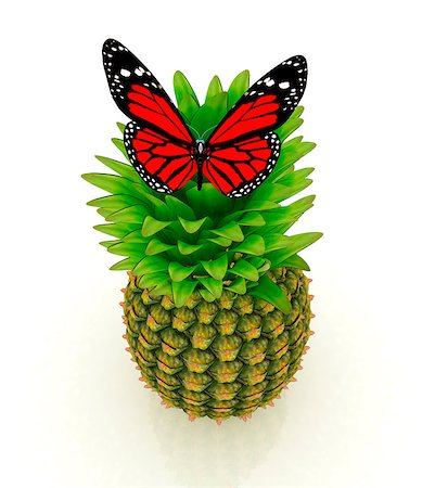 simsearch:400-07680450,k - Red butterflys on a pineapple on a white background Foto de stock - Super Valor sin royalties y Suscripción, Código: 400-07680413