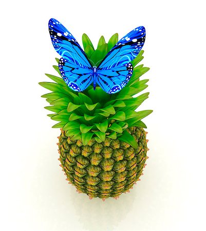 simsearch:400-07680450,k - Blue butterflys on a pineapple on a white background Foto de stock - Super Valor sin royalties y Suscripción, Código: 400-07680445