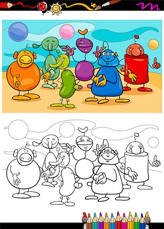 simsearch:400-09137399,k - Coloring Book or Page Cartoon Illustration of Black and White Funny Fantasy Characters or Aliens Group for Children Stockbilder - Microstock & Abonnement, Bildnummer: 400-07681195
