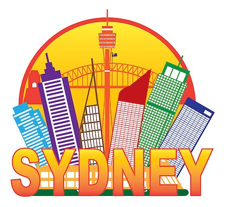 simsearch:400-08980317,k - Sydney Australia Skyline Landmarks Harbour Bridge Color in Circle Isolated on White Background Illustration Foto de stock - Super Valor sin royalties y Suscripción, Código: 400-07681771