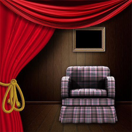 Wooden room interior with armchair and red curtain. Stock Photo - Budget Royalty-Free & Subscription, Code: 400-07682161