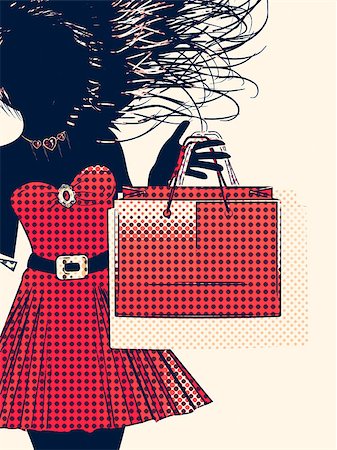 Silhouette of a shopping girl with bags in retro halftone style. Stock Photo - Budget Royalty-Free & Subscription, Code: 400-07682217