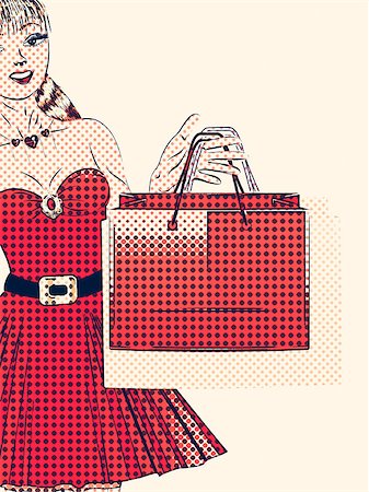 Cartoon woman in red dress with shopping bags in retro halftone style. Stock Photo - Budget Royalty-Free & Subscription, Code: 400-07682213