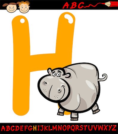 simsearch:400-07682433,k - Cartoon Illustration of Capital Letter H from Alphabet with Hippopotamus or Hippo Animal for Children Education Stock Photo - Budget Royalty-Free & Subscription, Code: 400-07682410