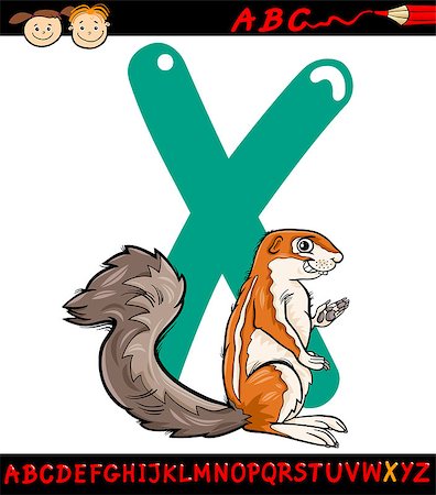 simsearch:400-07682435,k - Cartoon Illustration of Capital Letter X from Alphabet with Xerus Animal for Children Education Photographie de stock - Aubaine LD & Abonnement, Code: 400-07682435