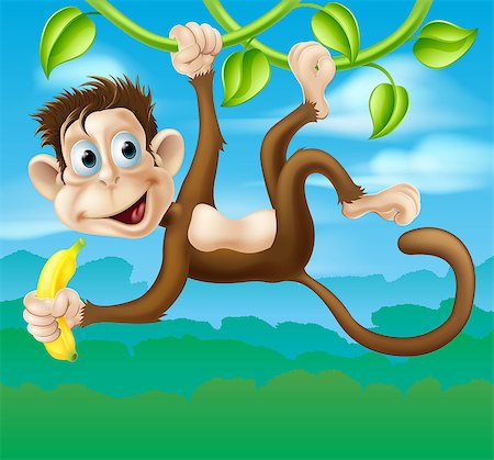 An illustration of a cartoon monkey in the jungle swinging on a vine holding a banana Foto de stock - Super Valor sin royalties y Suscripción, Código: 400-07682506