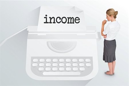 The word income and thinking businesswoman against typewriter Stock Photo - Budget Royalty-Free & Subscription, Code: 400-07682752