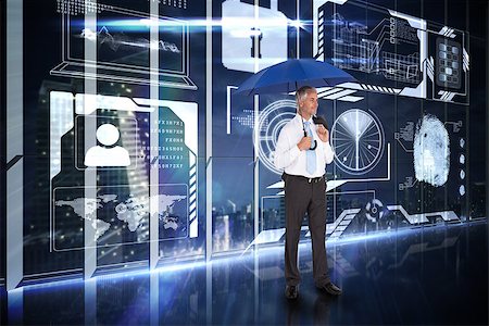 Happy businessman holding umbrella against hologram interface in office overlooking city Stock Photo - Budget Royalty-Free & Subscription, Code: 400-07682791