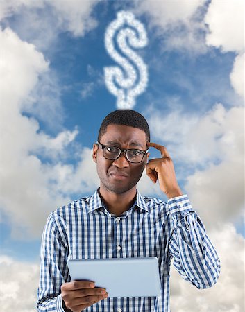 simsearch:400-07665425,k - Young businessman thinking and holding tablet against blue sky with white clouds Stockbilder - Microstock & Abonnement, Bildnummer: 400-07682911