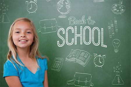 simsearch:400-07683612,k - Composite image of back to school message against cute pupil smiling Stock Photo - Budget Royalty-Free & Subscription, Code: 400-07683172