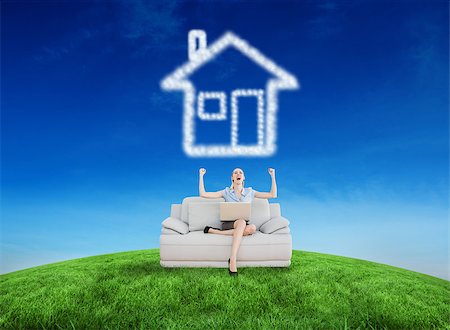 females under 16 years old - Cheering beautiful businesswoman sitting on couch against green hill under blue sky Stock Photo - Budget Royalty-Free & Subscription, Code: 400-07683211