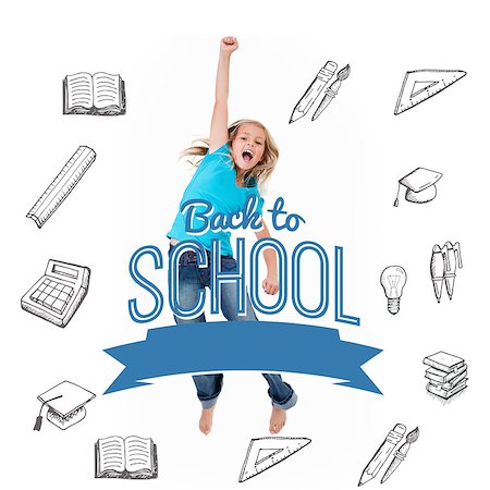 Back to school message with icons against excited little girl jumping Stock Photo - Budget Royalty-Free & Subscription, Code: 400-07683283
