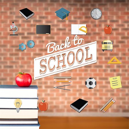 simsearch:600-06302228,k - Back to school message with icons against red apple on pile of books Foto de stock - Super Valor sin royalties y Suscripción, Código: 400-07683434