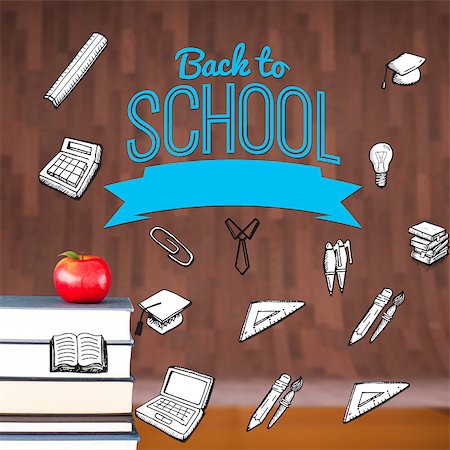 simsearch:600-06302228,k - Back to school message with icons against red apple on pile of books Foto de stock - Super Valor sin royalties y Suscripción, Código: 400-07683435