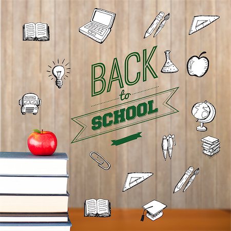 simsearch:600-06302228,k - Back to school message with icons against red apple on pile of books Foto de stock - Super Valor sin royalties y Suscripción, Código: 400-07683433