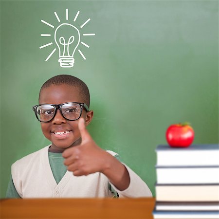 simsearch:400-07684098,k - Cute pupil showing thumbs up against red apple on pile of books Stock Photo - Budget Royalty-Free & Subscription, Code: 400-07683538