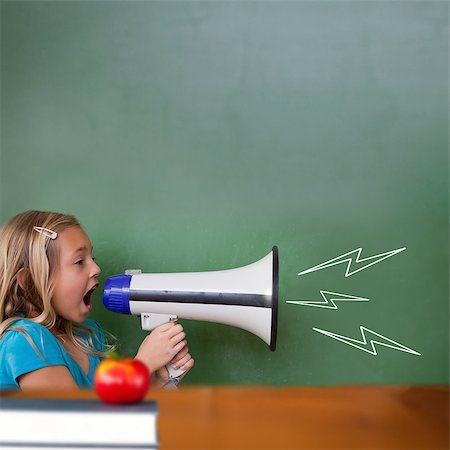 school girl holding pile of books - Red apple on pile of books against cute pupil shouting through megaphone Stock Photo - Budget Royalty-Free & Subscription, Code: 400-07683533