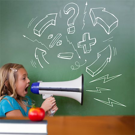 school girl holding pile of books - Red apple on pile of books against cute pupil shouting through megaphone Stock Photo - Budget Royalty-Free & Subscription, Code: 400-07683544