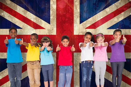 simsearch:400-07683875,k - Elementary pupils smiling showing thumbs up against union jack flag in grunge effect Foto de stock - Super Valor sin royalties y Suscripción, Código: 400-07683992