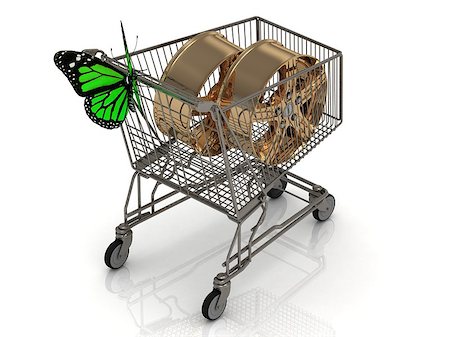 simsearch:400-04318606,k - 3D shopping trolley in high definition. Buying the new gold rims for summer. Isolated on a white background with green butterfly Foto de stock - Super Valor sin royalties y Suscripción, Código: 400-07714093