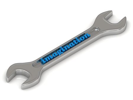 simsearch:400-07472751,k - Imagination inscription bright volume letter on metallic building spanner steel colour. Isolated on white background Stock Photo - Budget Royalty-Free & Subscription, Code: 400-07714106