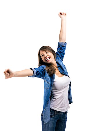 simsearch:400-04343310,k - Beautiful woman and verry happy woman with arms on the air, isolated over white background Photographie de stock - Aubaine LD & Abonnement, Code: 400-07714371