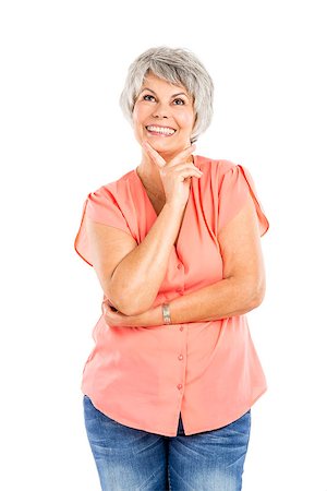 Portrait of a happy elderly woman with a thinking expression, isolated on a white background Stock Photo - Budget Royalty-Free & Subscription, Code: 400-07714427