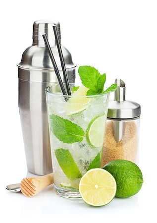 simsearch:400-07715048,k - Fresh mojito cocktail and bar utensils. Isolated on white background Stock Photo - Budget Royalty-Free & Subscription, Code: 400-07715046