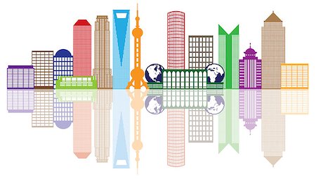 simsearch:400-07104696,k - Shanghai China City Skyline Outline Silhouette Color with Reflection Isolated on White Background Illustration Foto de stock - Super Valor sin royalties y Suscripción, Código: 400-07715170