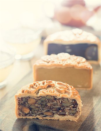 simsearch:400-07047172,k - The Chinese words on the mooncakes means assorted fruits nuts, not a logo or trademark. Traditional mooncakes on table setting with teacup. Retro vintage style Chinese mid autumn festival foods. Stockbilder - Microstock & Abonnement, Bildnummer: 400-07715206