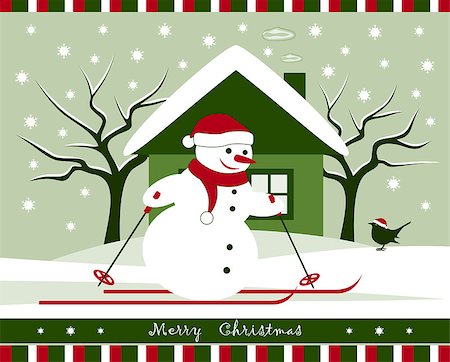 santa claus ski - vector christmas snowman skier in snowy landscape, Adobe Illustrator 8 format Foto de stock - Super Valor sin royalties y Suscripción, Código: 400-07715456