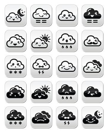Funny cartoon buttons set of clouds with sun, moon, snow and thunders isolated on white Stock Photo - Budget Royalty-Free & Subscription, Code: 400-07715647
