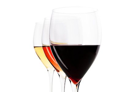 simsearch:614-02639876,k - Three elegant crystal wine glasses with red, rose and white wine isolated on white background with clipping path. Stock Photo - Budget Royalty-Free & Subscription, Code: 400-07715739
