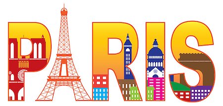 eiffel tower pictures clip art - Paris France City Skyline Text Outline with Eiffel Tower Color with Reflection Isolated on White Background Panorama Illustration Stock Photo - Budget Royalty-Free & Subscription, Code: 400-07716116