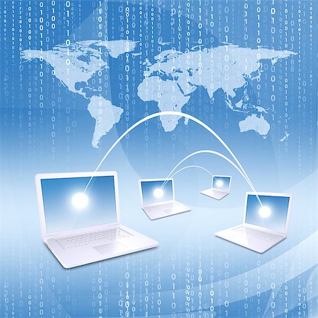 simsearch:400-06857713,k - Laptops against world map background. Connections and network Fotografie stock - Microstock e Abbonamento, Codice: 400-07716204