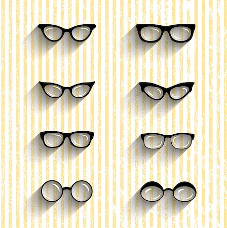 simsearch:400-07570271,k - Flat design eyeglasses vector set with shadows on grunge stripes background. Retro, hipster styles Photographie de stock - Aubaine LD & Abonnement, Code: 400-07716686