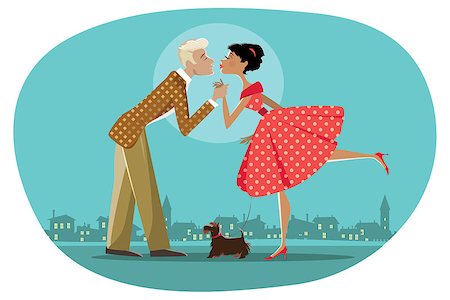 Vector illustration of a retro style couple wallking a dog and kissing; background can be easily removed Stock Photo - Budget Royalty-Free & Subscription, Code: 400-07717000