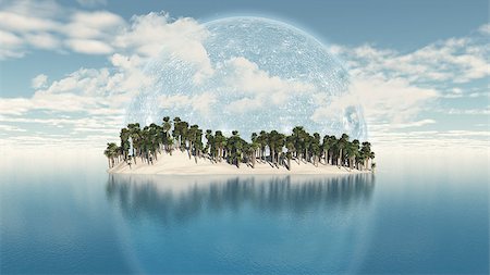 simsearch:400-08286301,k - 3D render of a palm tree island with a planet behind it in the sky Stock Photo - Budget Royalty-Free & Subscription, Code: 400-07717413