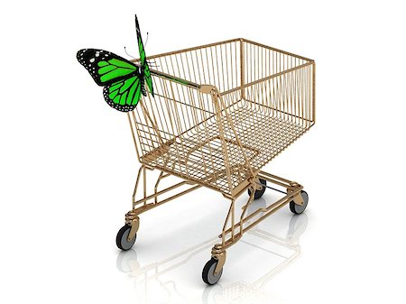 simsearch:400-04139445,k - Shopping gold trolley in high definition and green butterfly Isolated on a white background Foto de stock - Super Valor sin royalties y Suscripción, Código: 400-07717824