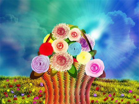 Illustration of woven basket with flowers on grass field. Stock Photo - Budget Royalty-Free & Subscription, Code: 400-07718126