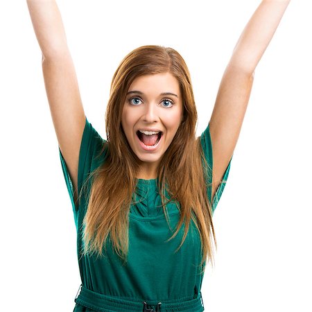Portrait of a happy beautiful young woman with arms up Stock Photo - Budget Royalty-Free & Subscription, Code: 400-07718337