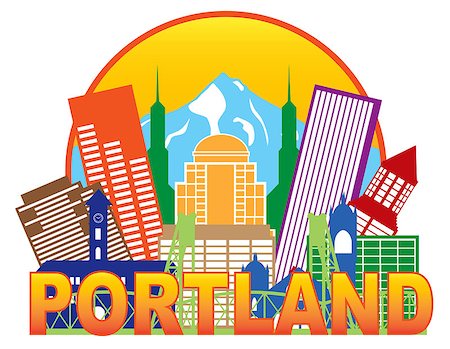 simsearch:400-07509093,k - Portland Oregon Outline Silhouette with City Skyline Downtown Circle Color Text Isolated on White Background Illustration Stock Photo - Budget Royalty-Free & Subscription, Code: 400-07718803