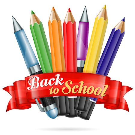 posters with ribbon banner - Colored Pencils and Pens with Ribbon and text Back to School, vector isolated on white background. Easy to change color. Stock Photo - Budget Royalty-Free & Subscription, Code: 400-07718886