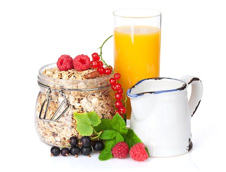 porridge and berries - Healty breakfast with muesli, berries and orange juice. Isolated on white background Stock Photo - Budget Royalty-Free & Subscription, Code: 400-07719055